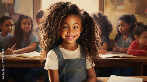 A bright and cute black girl in a junior classroom with a group of diverse bright children works diligently. photo