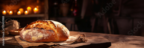Freshly baked loaf of bread with a golden crust, dusted with flour and wheat stalks lies on wooden table in Warm Sunshine. Natural organic product. Traditional baked goods. Recipes. Banner. Copy space
