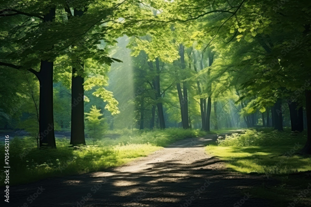 Beautiful summer morning in the forest The sunlight filters through the leaves of the beautiful green trees. Magical ancient forest Beautiful summer morning in the forest The sunlight filters through the leaves of the beautiful green trees. Magical ancient forest