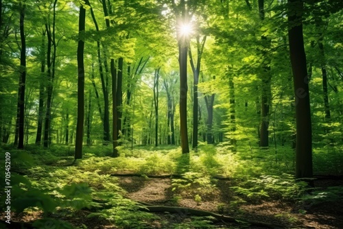 Beautiful summer morning in the forest The sunlight filters through the leaves of the beautiful green trees. Magical ancient forest