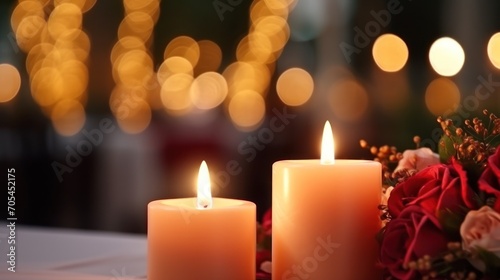 Close up candle light decoration Pair of candles decorate a luxurious wedding banquet dinner.