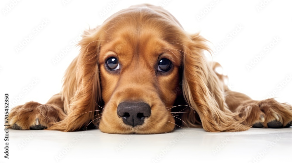 Cocker Spaniel dog in cute playful pose isolated on white background.