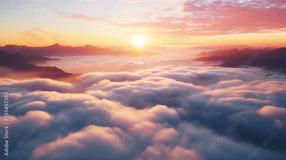 Dense fog over the ocean, beautiful clouds at sunrise The sun is rising over the sea of clouds. Dense fog over the ocean, beautiful clouds at sunrise The sun is rising over the sea of clouds.