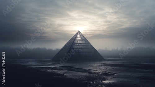 A pyramid emerging from the heart of a dense fog, shrouded in mystery and ancient allure, with only its silhouette visible -Generative Ai 