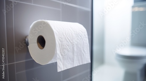 showing hand pulling out toilet paper in a white bathroom.