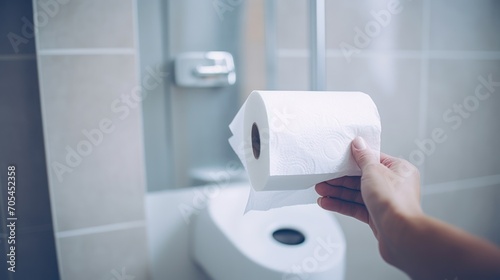showing hand pulling out toilet paper in a white bathroom. photo