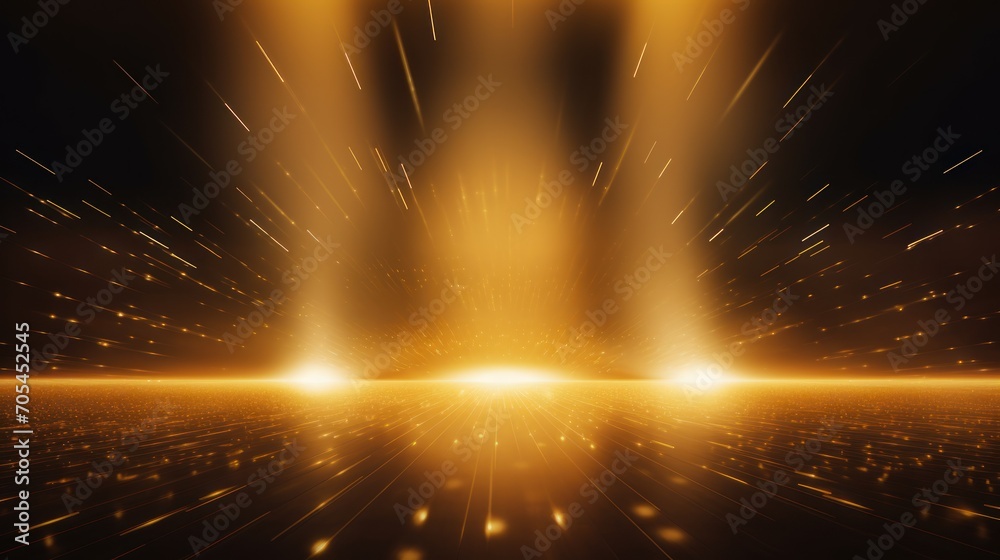Golden particle neon spot lights flashing, luxury stage background