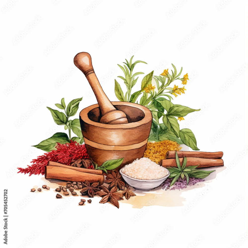 Watercolor Illustration of Herbs with Mortar and Pestle