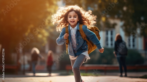 Little girl with school backpack and books runs to school.