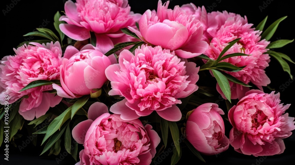 Pink peonies in full bloom on a black background. Peonies open in bloom. Close-up. Valentine's Day concept background. Pink peonies in full bloom on a black background. Peonies open in bloom. Close-up. Valentine's Day concept background.