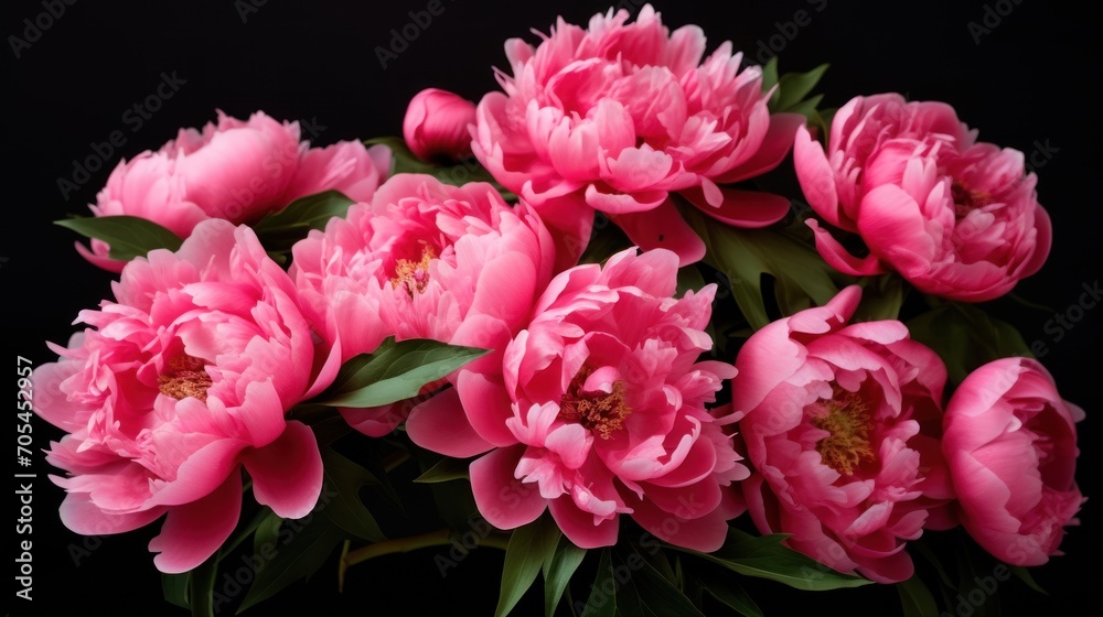 Pink peonies in full bloom on a black background. Peonies open in bloom. Close-up. Valentine's Day concept background.