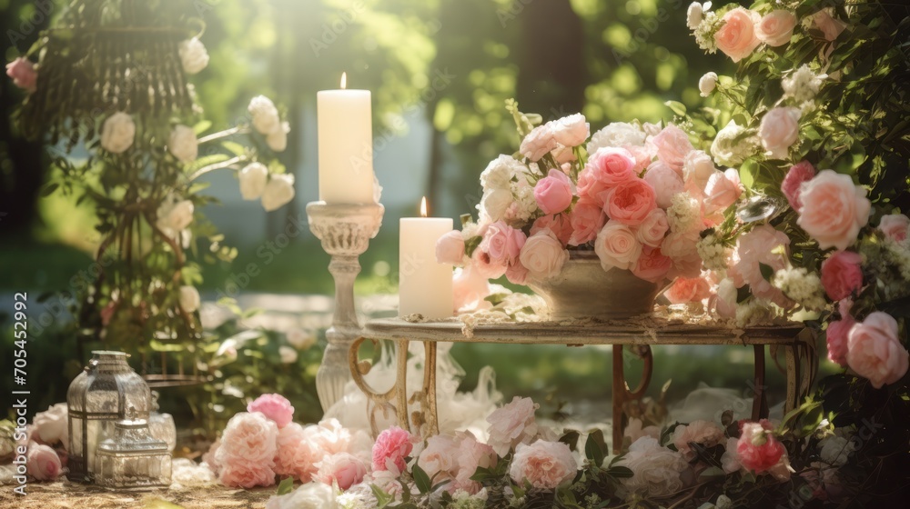 Romantic wedding decoration surrounded by nature and various roses with natural light.