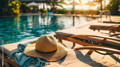 Sun hat and beach towel on lounge chair at a luxury hotel swimming pool. Island escape at upscale resort. Destination travel, luxury vacation, tropical paradise for solo traveler. Room for type.  photo