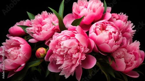 Fototapeta Naklejka Na Ścianę i Meble -  Pink peonies in full bloom on a black background. Peonies open in bloom. Close-up. Valentine's Day concept background.