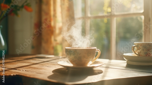Steaming cup of coffee on a farm table.