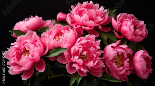 Pink peonies in full bloom on a black background. Peonies open in bloom. Close-up. Valentine s Day concept background.