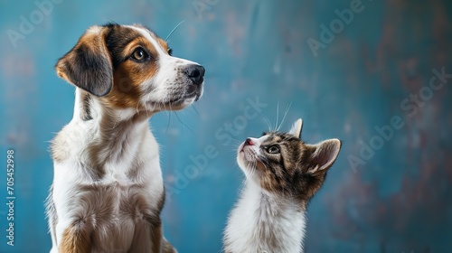 Cat and dog sitting together and looking up. Pets on blue background. Ai generative photo