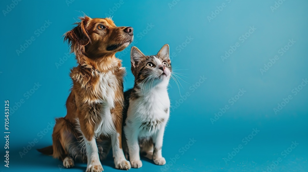 Cat and dog sitting together and looking up. Pets on blue background. Ai generative