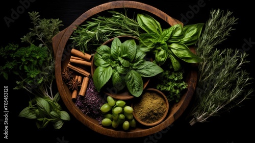 Herbs in wooden cup.. Generative AI
