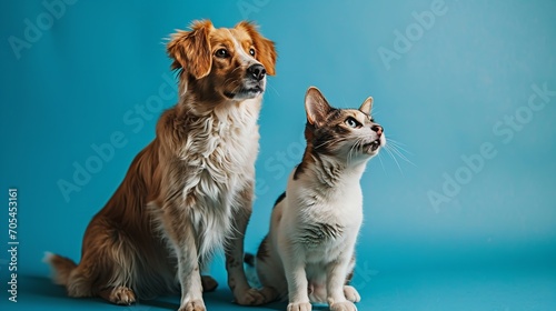 Cat and dog sitting together and looking up. Pets on blue background. Ai generative © Retu