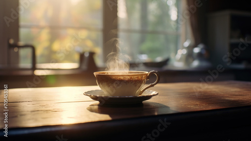 Steaming cup of coffee on a farm table.