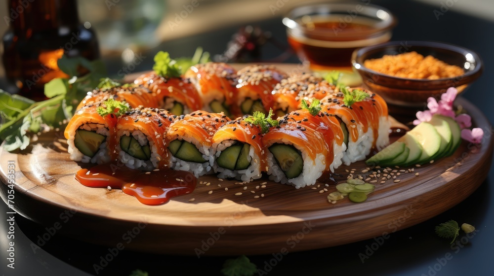 Japanese sushi with soy sauce and wasabi on a wooden plate Japanese sushi with soy sauce and wasabi on a wooden plate