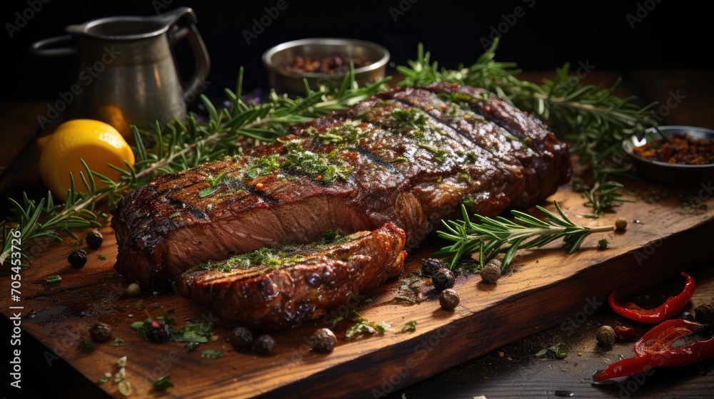 Sliced beef Rib Eye steak on wooden board with spices and salt.