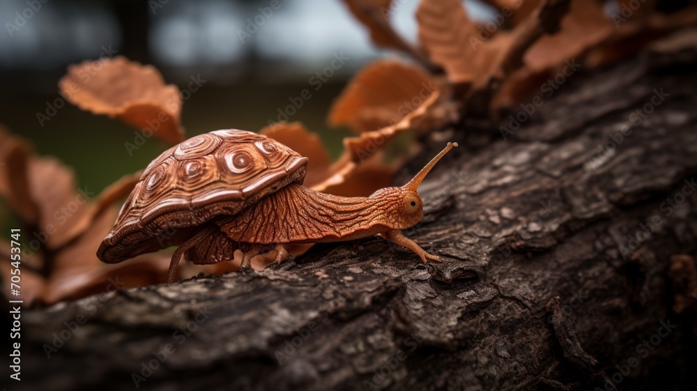 A rich maroon snail making its way through the intricate patterns of a tree's textured bark -Generative Ai
