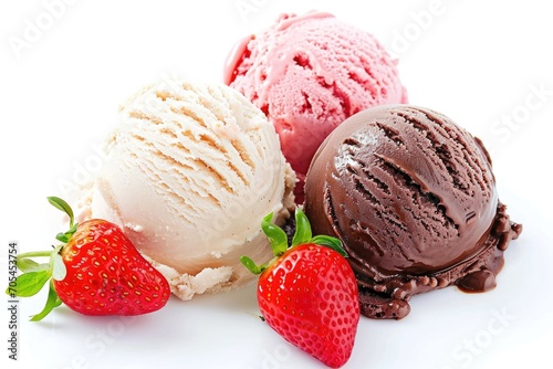 Three scoops of organic ice cream, one of vanilla flavor, another of chocolate flavor, and another one of strawberry flavor