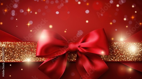 Seamless luxury red background with golden ribbon elements with glitter decoration.