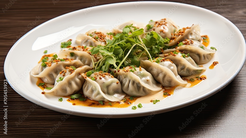 Mushroom dumplings on plate.. Generative AI Mushroom dumplings on plate.. Generative AI