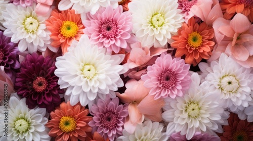 Top view of colorful flowers and white petals background. Romantic and natural backdrop  large flowers.