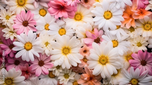 Top view of colorful flowers and white petals background. Romantic and natural backdrop, large flowers.