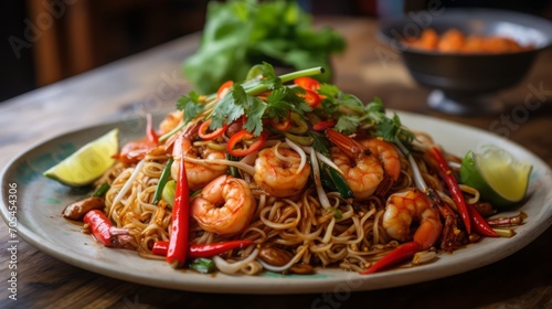 Shrimp Noodles with Vegetables on Plate