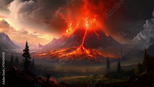 As the ground trembled and the skies darkened, a volcano erupted with a powerful force, unleashing a torrent of lava and ash upon its surroundings. photo