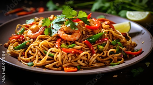 Shrimp Noodles with Vegetables on Plate