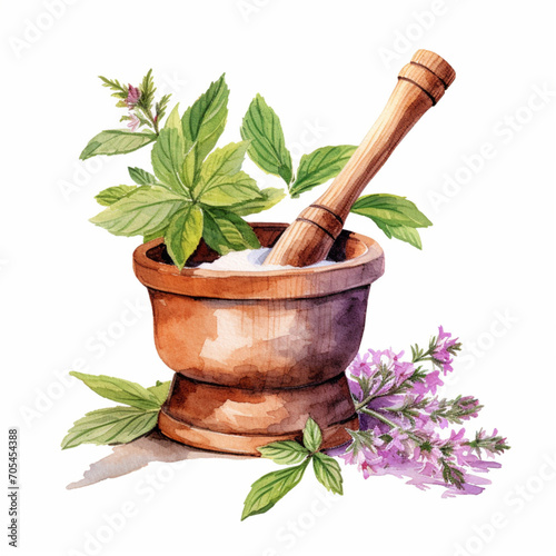 Watercolor Illustration of Herbs with Mortar and Pestle