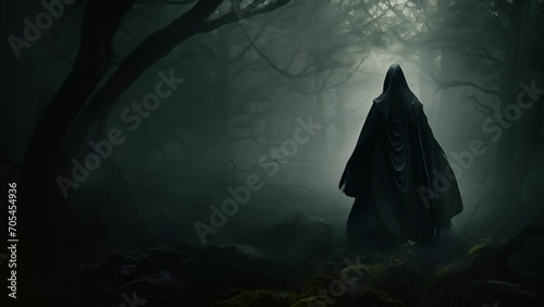 A sinister figure cloaked in shadow lurks amid the dense fog of a dank forest. photo