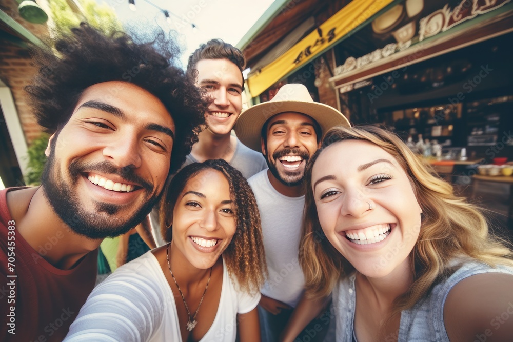 Group of joyful friends taking selfie together outside cafe. Social gathering and friendship. Group of joyful friends taking selfie together outside cafe. Social gathering and friendship.