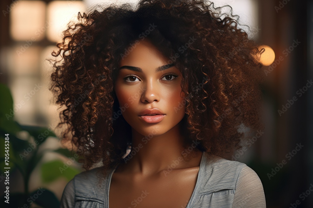 Confident young woman with curly hair stands indoors. Natural beauty and confidence. Confident young woman with curly hair stands indoors. Natural beauty and confidence.