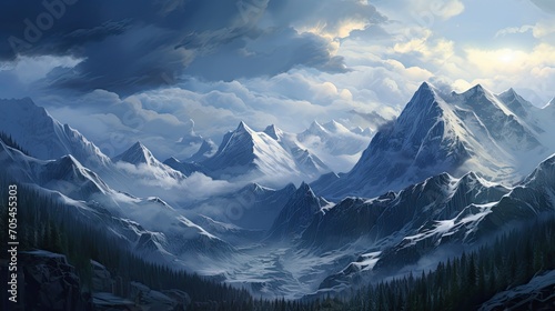 Snow-covered mountain panorama.. Generative AI