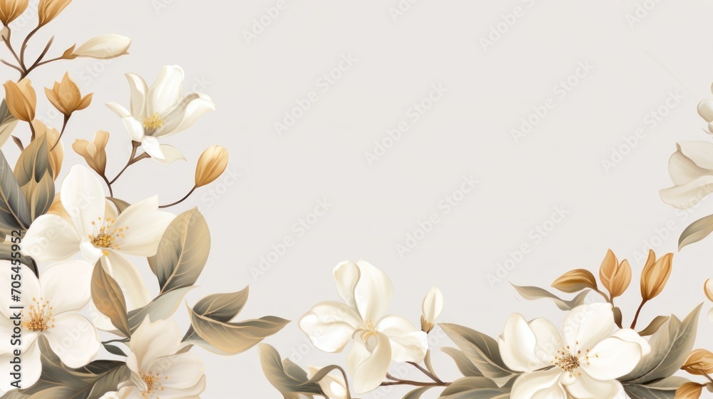 Gold and white jasmine flowers in watercolor background, card background frame, clipart for greeting cards, save the date, copy space. Perfect for wedding, Mother's Day, Valentine's Day, 8 March. Gold and white jasmine flowers in watercolor background, card background frame, clipart for greeting cards, save the date, copy space. Perfect for wedding, Mother's Day, Valentine's Day, 8 March.