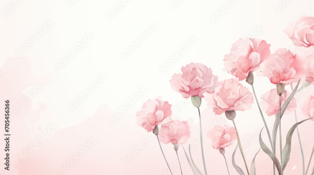 Pink carnation buds flowers in watercolor background, card background frame, clipart for greeting cards, save the date, copy space. Perfect concept for wedding, Mother's Day, Valentine's Day, 8 March.