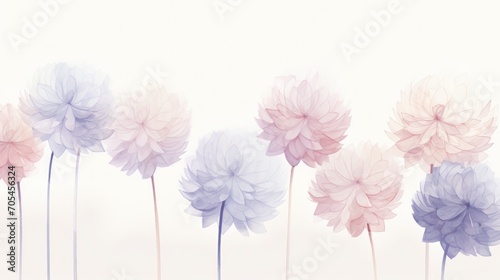 Fototapeta Naklejka Na Ścianę i Meble -  Muted dahlias flowers in watercolor background, card background frame, clipart for greeting cards, save the date. Perfect concept for wedding, Mother's Day, Valentine's Day, 8 March.