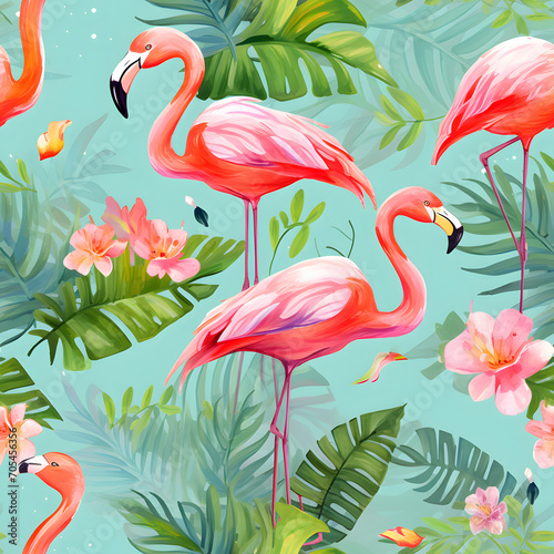 Flamingos, Mixed Media, tropical tones, vector, Seamless patterns