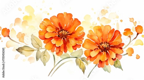 Fototapeta Naklejka Na Ścianę i Meble -  Orange zinnia flowers in watercolor background, card background frame, clipart for greeting cards, save the date. Perfect concept for wedding, Mother's Day, Valentine's Day, 8 March.