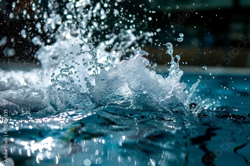 : A burst of water droplets frozen in mid-air, created by a powerful splash during a high-dive competition. The intricate details of the water spray reveal the energy and dynamics of the diver's entry