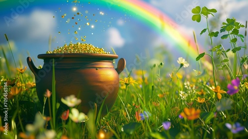 Leprechaun's Pot of Gold in Lush Field: Perfect for St. Patrick's Day photo
