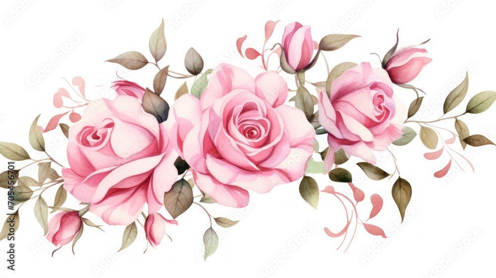 Roses flowers in watercolor background, card background frame, clipart for greeting cards, save the date. Perfect concept for wedding, Mother's Day, Valentine's Day, 8 March. - obrazy, fototapety, plakaty 