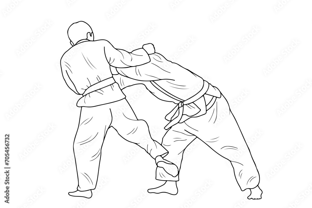 Line drawing of two young sportive judoka fighter. Judoist, judoka, athlete, duel, fight, judo Line drawing of two young sportive judoka fighter. Judoist, judoka, athlete, duel, fight, judo